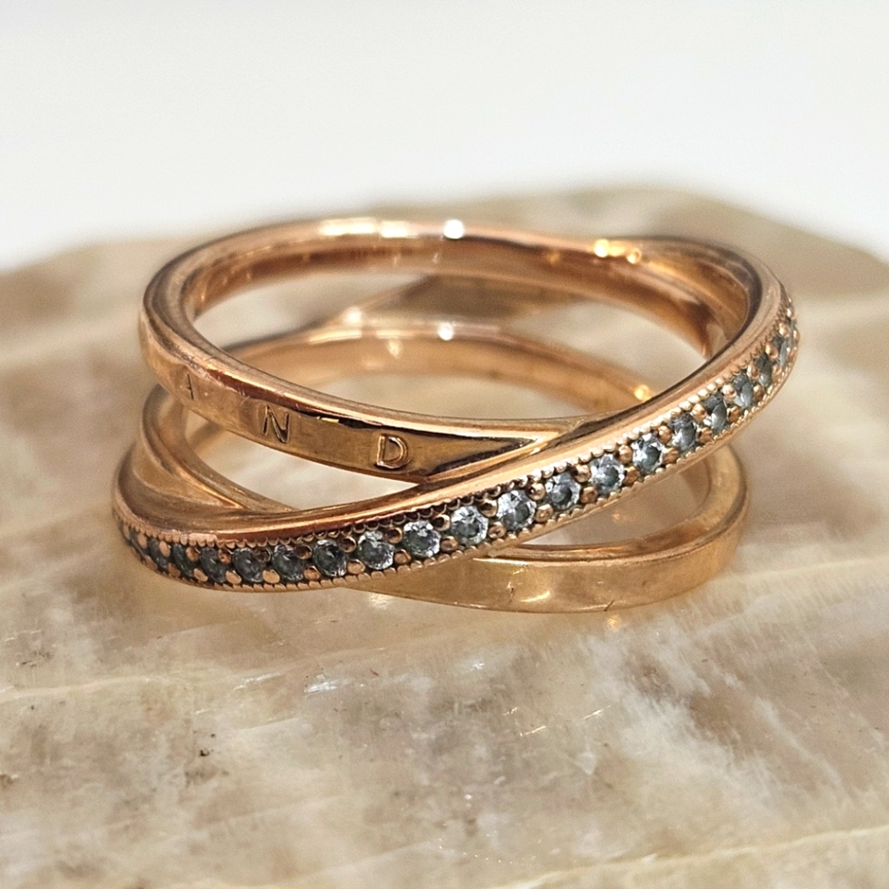 Pandora 14kt Rose Gold Plated Crossover Pave Triple Band Ring Ale Met Size 8 US